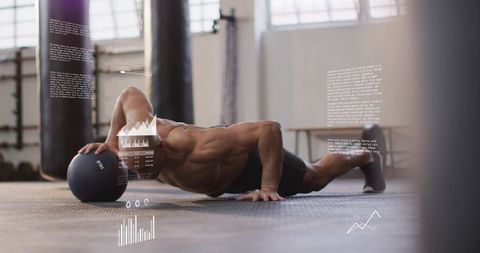 Muscular athlete performing single-arm pushup on medicine ball with fitness hud overlay