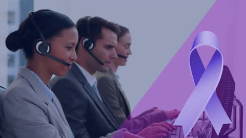 Diverse Team in Call Center with Violet Ribbon Overlay Promoting Cancer Awareness