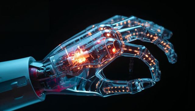 Transparent robotic hand revealing glowing power core and intricate circuitry closeup leds