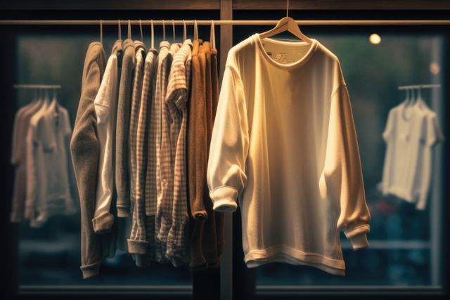 Wardrobe with neatly hung modern garments including sweaters and casual wear displayed on hangers. Suitable for illustrating clothing organization, modern fashion, and minimalist lifestyle. Ideal for blogs on home decor, fashion articles, or advertisements for clothingbrands.