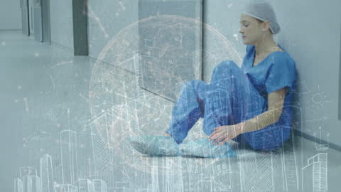 Exhausted Healthcare Worker Amidst Digital Data Overlay Concept
