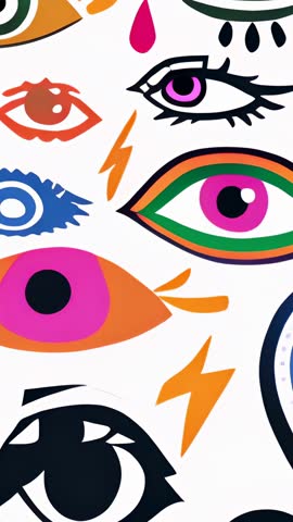 Vertical video showcasing stylized eyes, lightning bolts, pink teardrop, bold geometric flat art