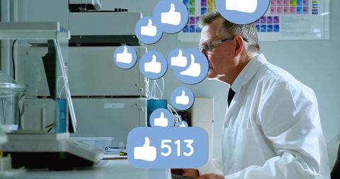 Lab scientist monitoring chromatography and ms instruments with 513 likes digital overlay