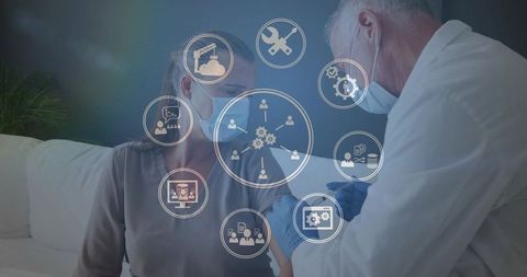 Doctor administering vaccine to masked woman during homecare visit with medical infographic