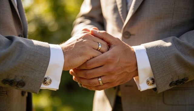 Two grooms holding hands showing wedding bands in sunlit garden ceremony