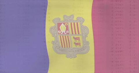 Waving andorra flag displaying coat of arms and motto virtus unita fortior on tricolor banner