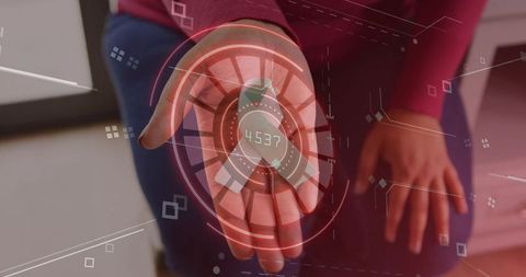 Woman projecting red ar hologram on palm while extending hand in magenta sweater