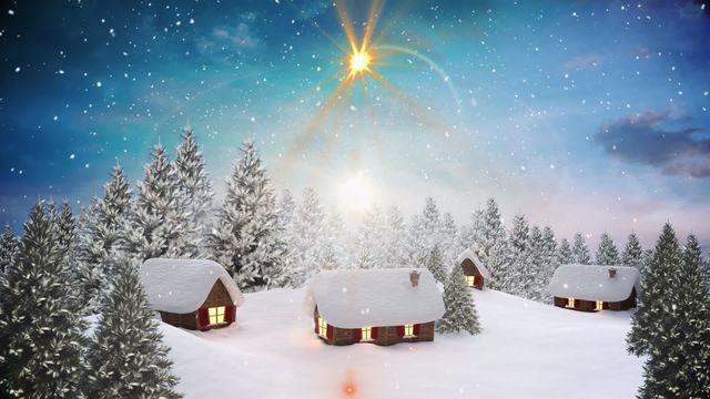 Enchanted snow-covered village in digital art format, capturing a serene winter scene with gently falling snow and warmly lit houses surrounded by a forest of frosted trees and a starlit sky. Ideal for festive uses such as holiday cards, digital greetings, or as a warm background for seasonal events and story illustrations.