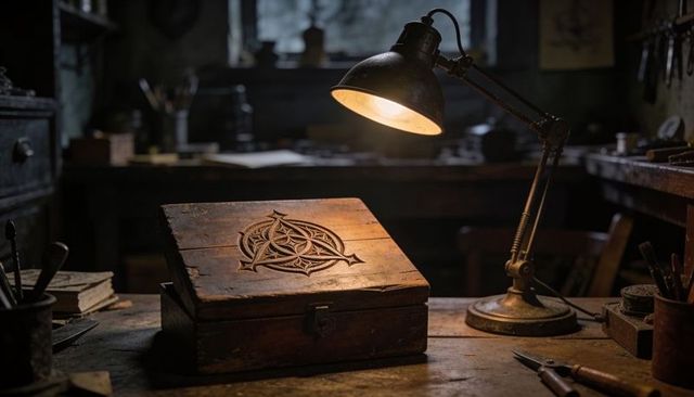 Weathered carved wooden box on workbench under warm lamp light rustic woodworking craft