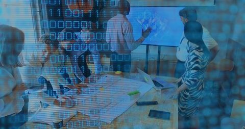 Business team collaborating on data-driven strategy with blueprint and binary code overlay