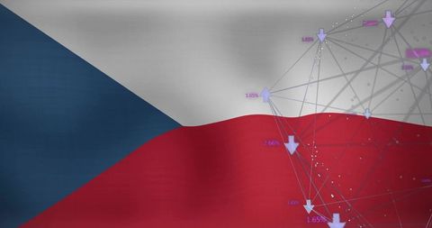 Czech Republic flag waving with digital network overlay for data visualization and tech