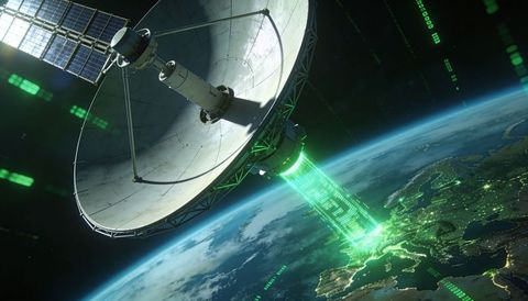 Satellite dish beaming neon green data stream over europe from orbit