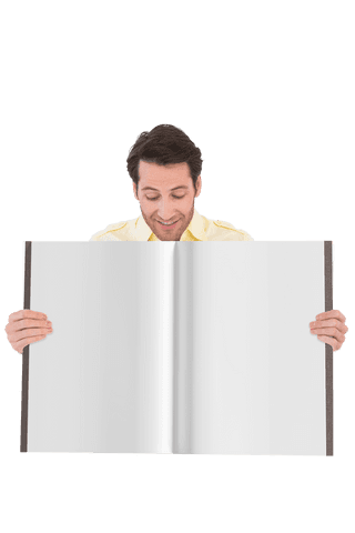 Happy Man Holding Large Book with Transparent Background