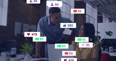 Team collaborating and analyzing social media metrics with digital notification overlays