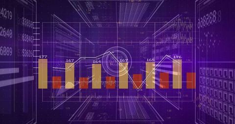 Centering analytics dashboard displaying neon purple HUD with vertical bars and trend line