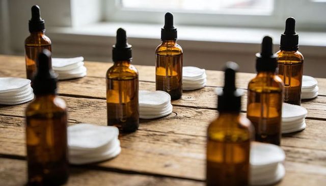 Displaying amber glass dropper bottles on rustic wood with cotton pads for skincare branding