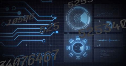 Futuristic digital interface with cyber panels and numeric overlays