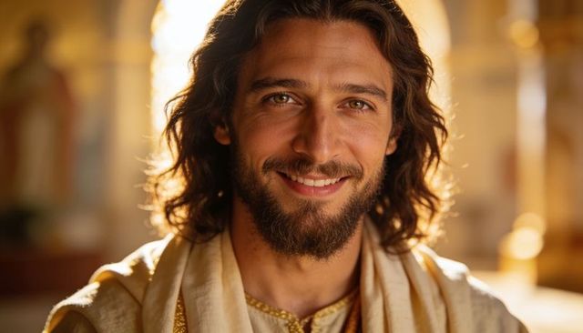 Smiling middle eastern man wearing cream and gold robe and scarf in ornate sunlit hall