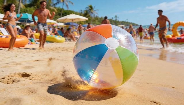Vibrant rolling transparent multicolor beach ball skimming wet sand at sunny tropical shoreline