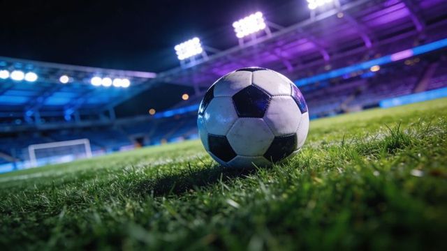 Resting classic soccer ball on lush grass under stadium floodlights at night