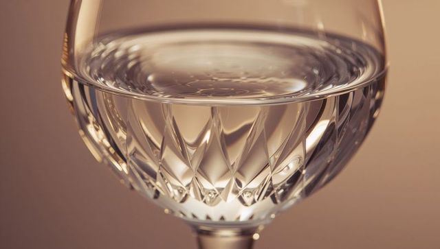 Crystal-cut wine glass refracting warm light with clear liquid close-up