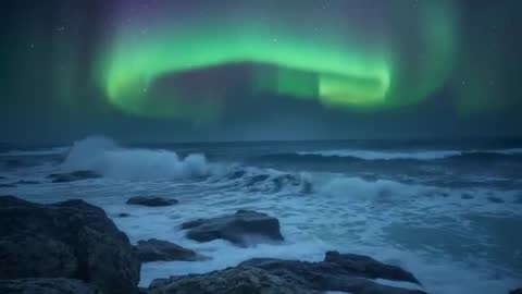 Aurora Borealis Dancing Over Rocky Coast While Ocean Waves Crashing Under Starry Sky