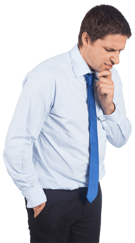 Transparent thinking businessman contemplating with hand on chin