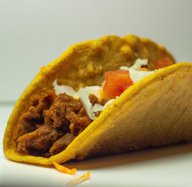Showcasing a mouth-watering beef taco with cheese, diced tomatoes, and sour cream, making it ideal for use in food blogs, restaurant menus, recipe websites, and social media posts focusing on Mexican cuisine and gourmet food options.