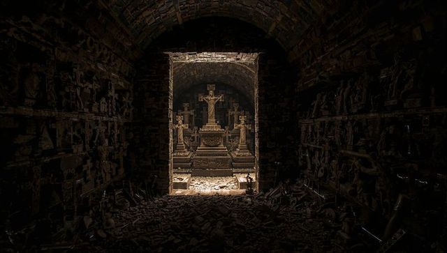 Lighted stone crucifix revealed through rectangular doorway in vaulted crypt of relics