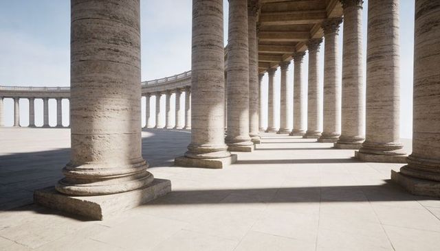 Sunlit classical colonnade with monumental stone columns, curved balustrade, long shadows
