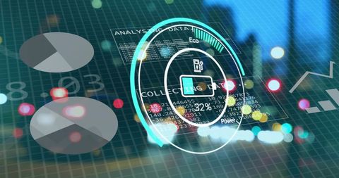 Electric car interface with data charts and city lights