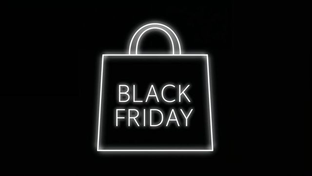 Neon black friday shopping bag sign bright white glow minimalist monochrome design advertising