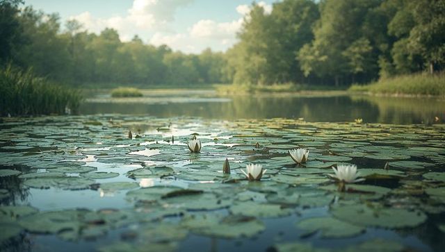 White water lilies floating on lily pads in tranquil forest pond morning light