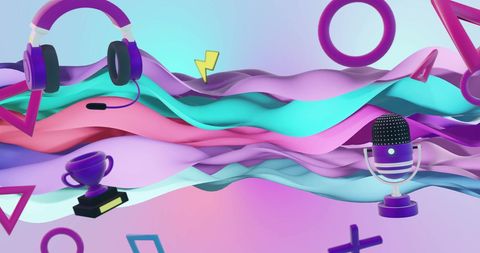 Digital art of gaming items and abstract waves