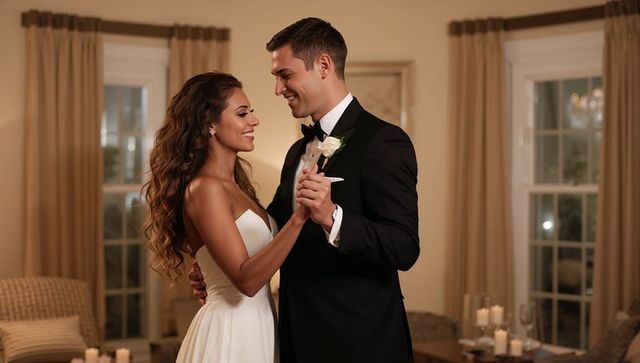 Romantic first dance between bride and groom in elegant indoor wedding reception