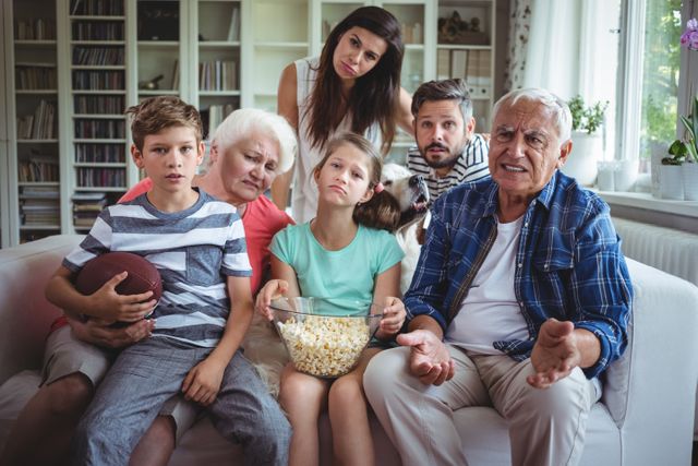 Multi-generation family sitting together in living room, looking disappointed while watching a soccer match on television. Grandparents, parents, and children share a bowl of popcorn. Ideal for use in articles or advertisements about family bonding, sports events, or emotional moments.
