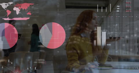 Businesswoman Engaging With Global Data Analytics Interfaces