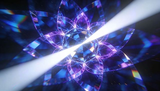Crystalline lotus prism emitting crossing white light beams in holographic violet