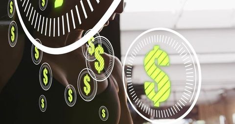 Female athlete training with dollar hud showing fitness progress and revenue metrics