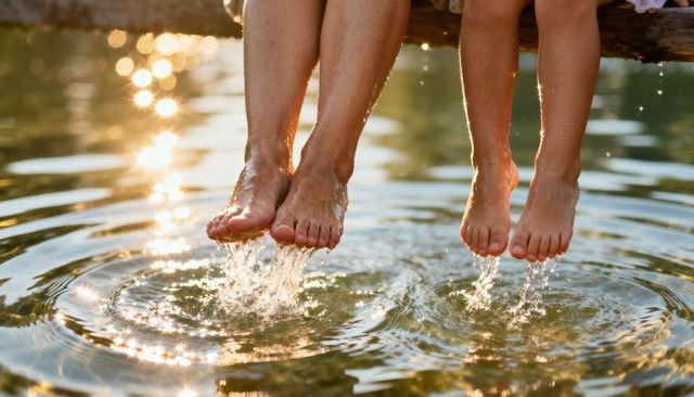 Sunset Dock Feet Splashing in Golden Lake Ripples, Parent and Child Barefoot Bonding
