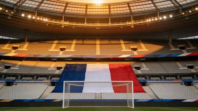 Giant french tricolor draping stadium stands with soccer goal at golden hour, floodlit