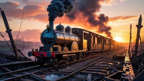 Vintage first world war era steam train at sunset on countryside railway