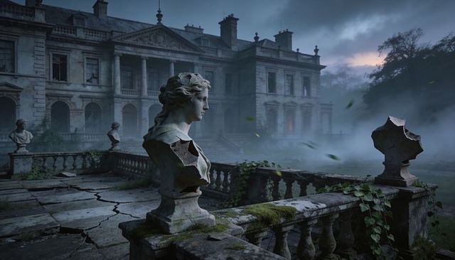 Weathered marble bust on mossy mansion terrace, misty gothic ruins at dusk