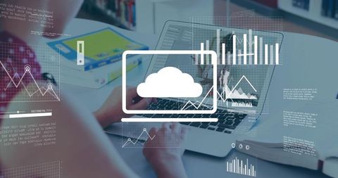 Cloud Analytics Collaboration: Woman Typing on Laptop with Graph Overlays and Textbooks