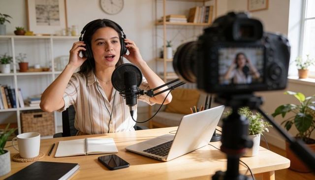 Young woman recording podcast with microphone and dslr in bright home office studio