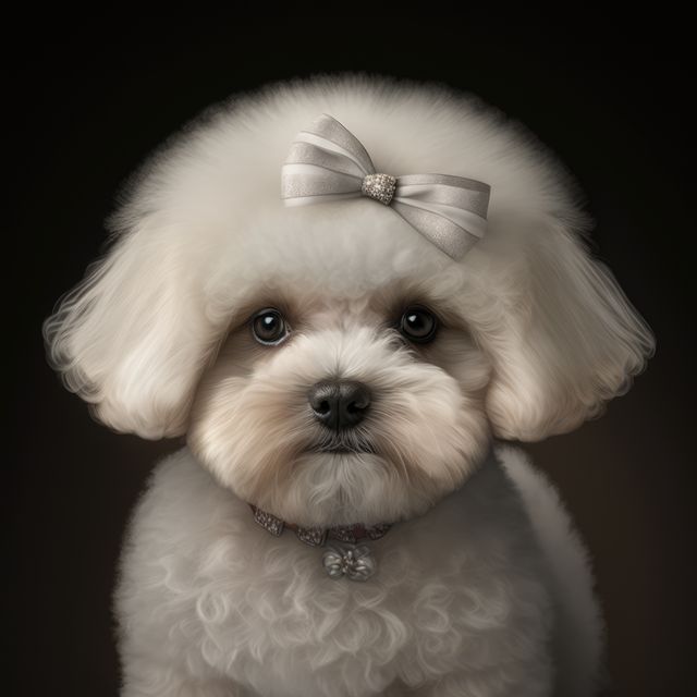 A fluffy white dog adorned with a bow poses for a portrait. Its sparkling collar and bow add a touch of elegance to the image.