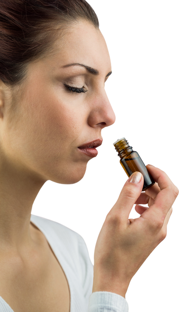 Woman Smelling Medicine Bottle with Eyes Closed on Transparent Background - Download Free Stock Videos Pikwizard.com