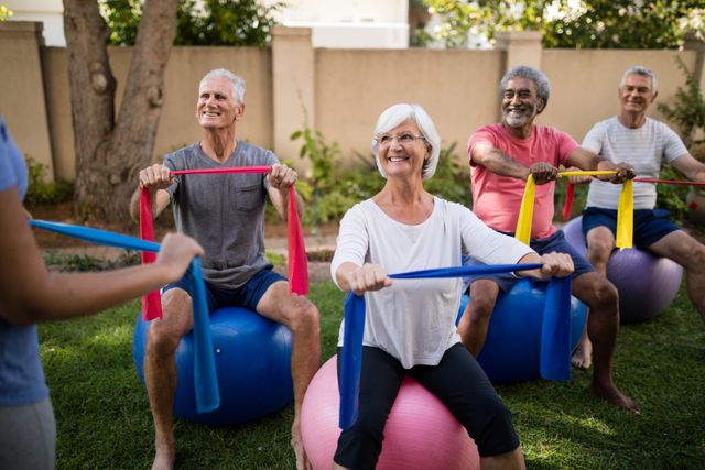 Group of senior individuals engaging in a fitness session using resistance bands and exercise balls in an outdoor park. Ideal for promoting active lifestyles, senior fitness programs, health and wellness campaigns, and community activities for the elderly.