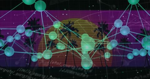 Connecting neon network overlaying retro coastal sunset with palm silhouettes