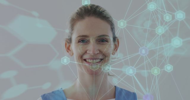 Depicts a smiling female doctor with a futuristic medical network overlay. Ideal for illustrating advances in health technology, digital healthcare, data connectivity, medical research, and modern healthcare services. Can be used in promotional materials, healthcare websites, medical technology presentations, and academic publications.